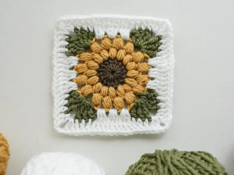 Puff Stitch Sunflower Granny Square, finished