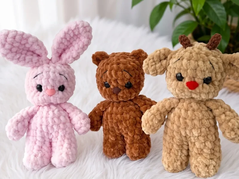 Little amigurumi bunny, bear, and deer trio