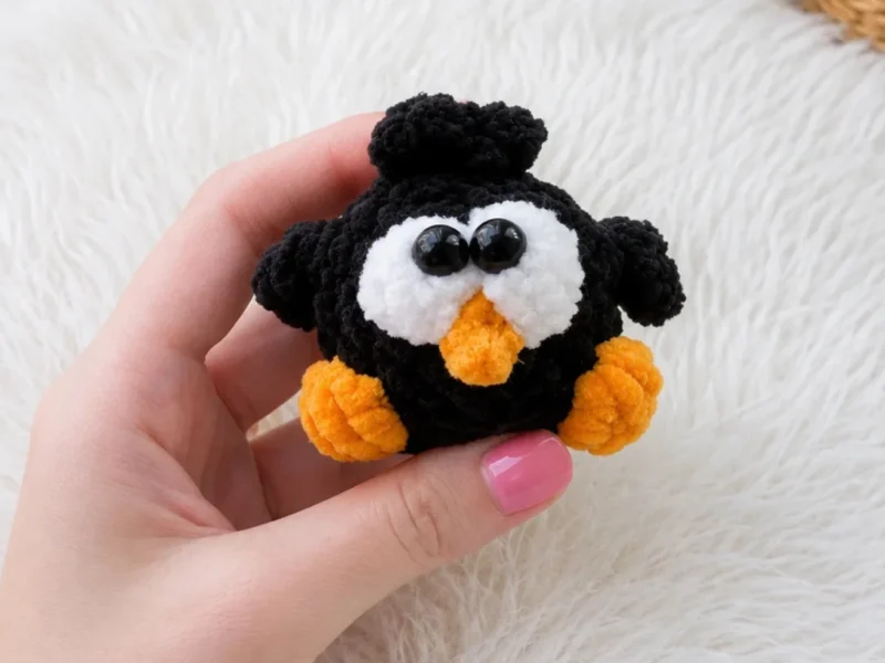 Baby crow amigurumi pattern with big eyes and puff feet