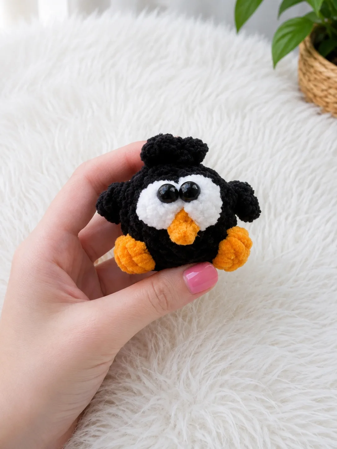 Baby crow amigurumi pattern with big eyes and puff feet