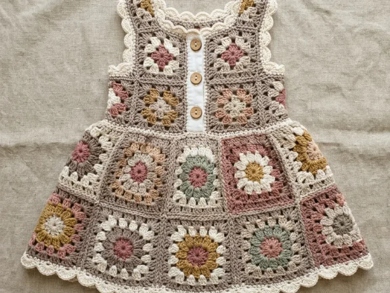 Neutral boho granny square baby dress in worsted weight
