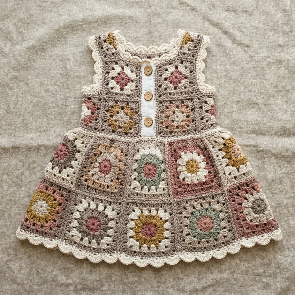Neutral boho granny square baby dress in worsted weight