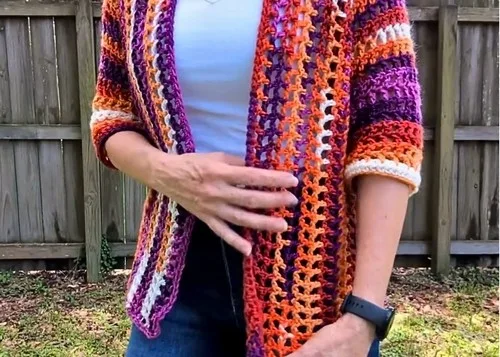 One-piece crochet sweater worked sleeve to sleeve