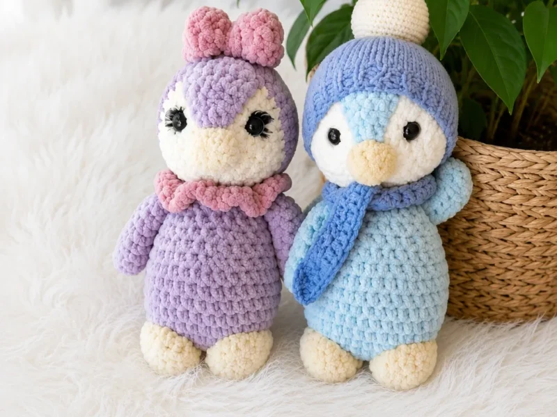Plush penguin crochet pattern with round belly and bow