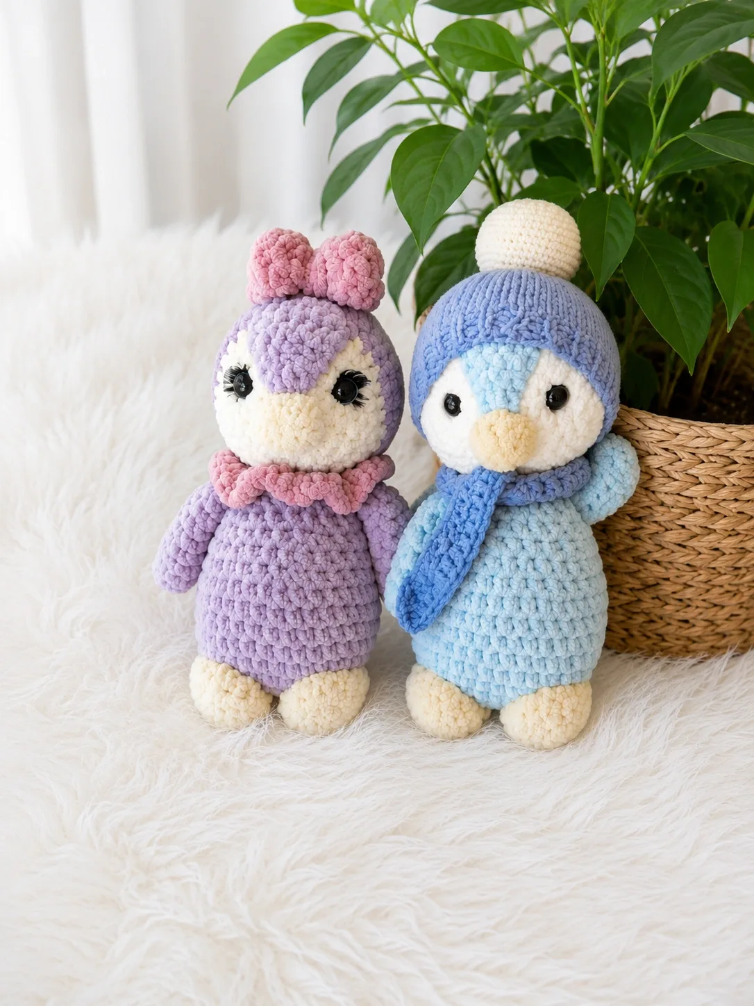 Plush penguin crochet pattern with round belly and bow
