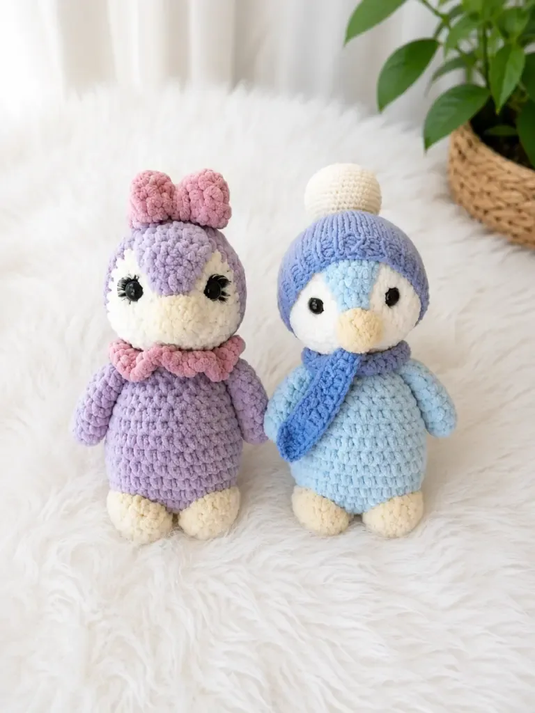 Plush penguin crochet pattern with round belly and bow — photo 2