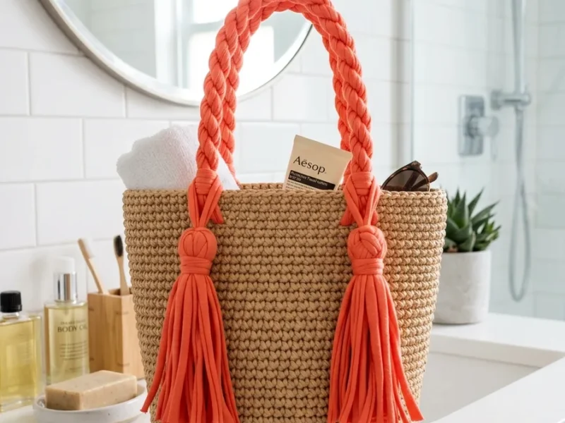 Raffia summer tote with coral fabric tassels