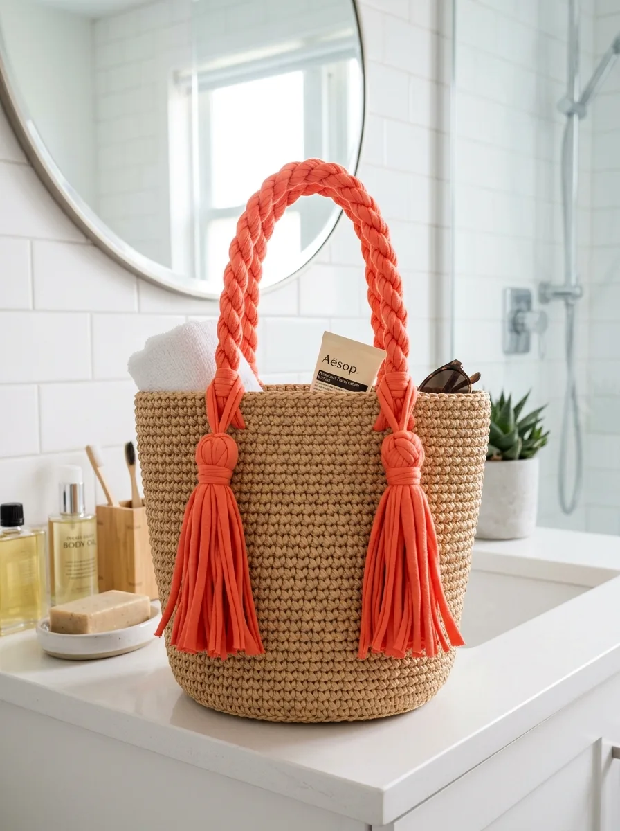 Raffia summer tote with coral fabric tassels