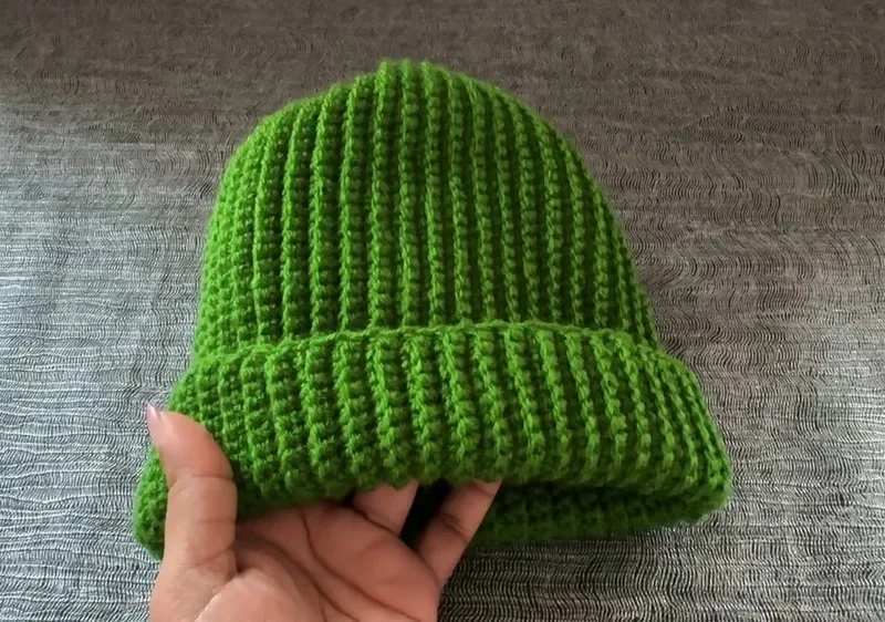 Ribbed crochet beanie hat worked flat, three sizes