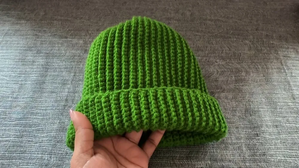 Ribbed crochet beanie hat worked flat, three sizes