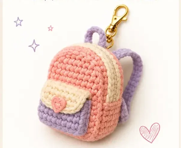 Tiny crochet backpack charm pattern for keychains